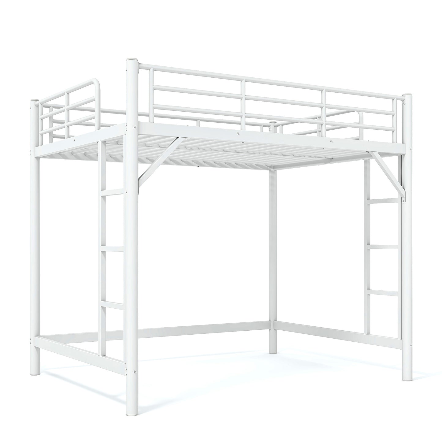 variant-group:rf-w1580p455016|Roomfitters Full Size Metal Loft Bed Frame with Guardrails, Heavy Duty Space Saving High Loft Bed Dual Ladders, White