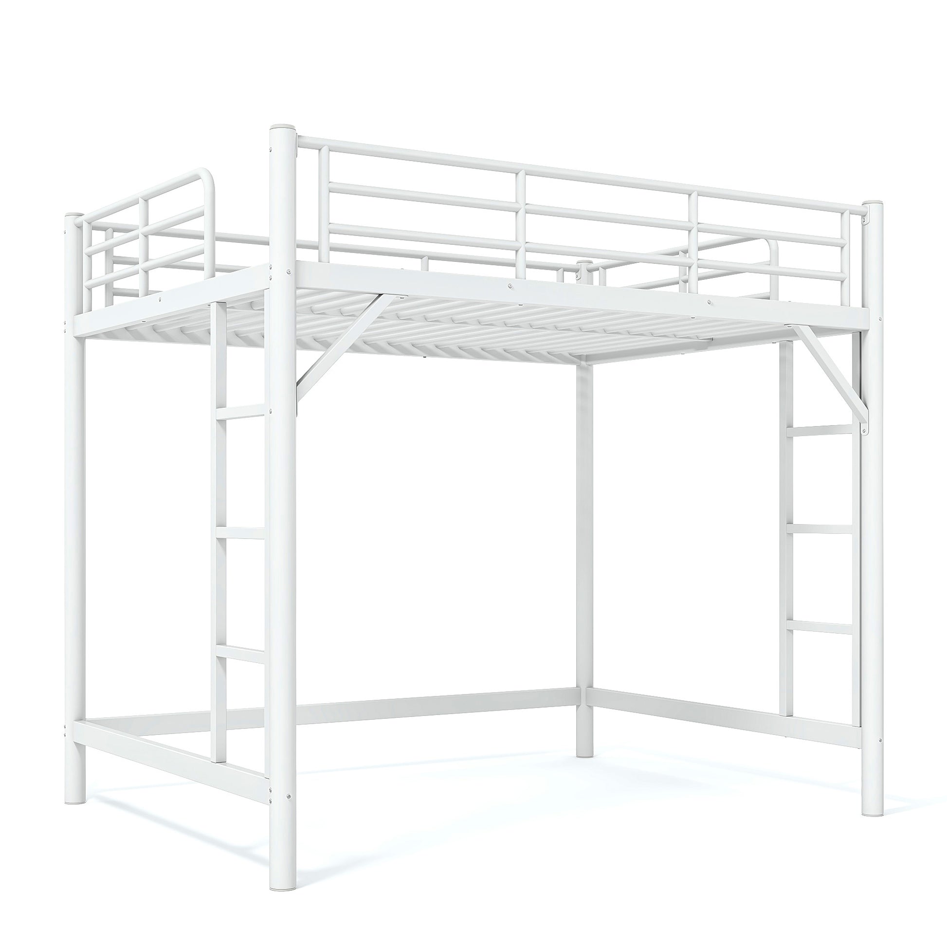 variant-group:rf-w1580p455016|Roomfitters Full Size Metal Loft Bed Frame with Guardrails, Heavy Duty Space Saving High Loft Bed Dual Ladders, White