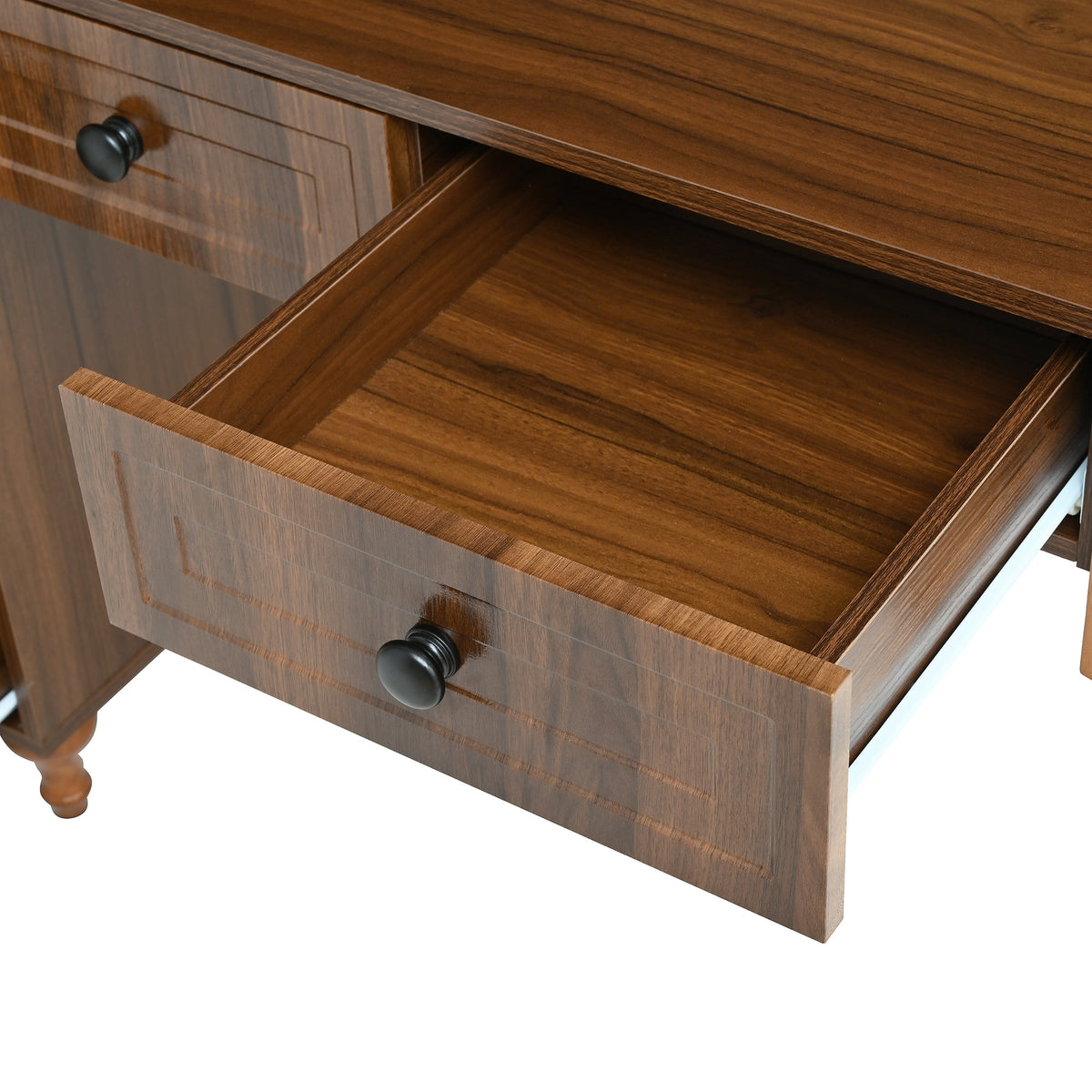 Roomfitters 47'' Retro Desk with Charging Ports and Hutch, Office Desk with 5 Storage Drawers and Glass Bookshelf, Walnut