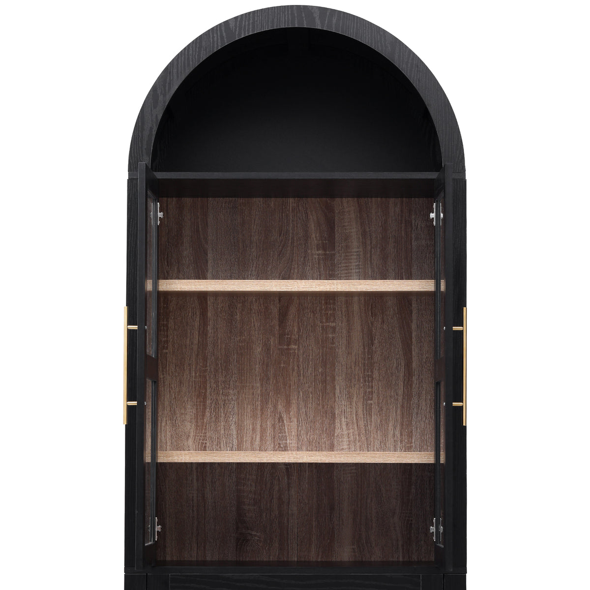 variant-group:rf-n707p288972b|Roomfitters 71" Pantry Cabinet with Arched Top and Glass Doors, 2 Storage Drawers and Adjustable Shelves for Kitchen, Black