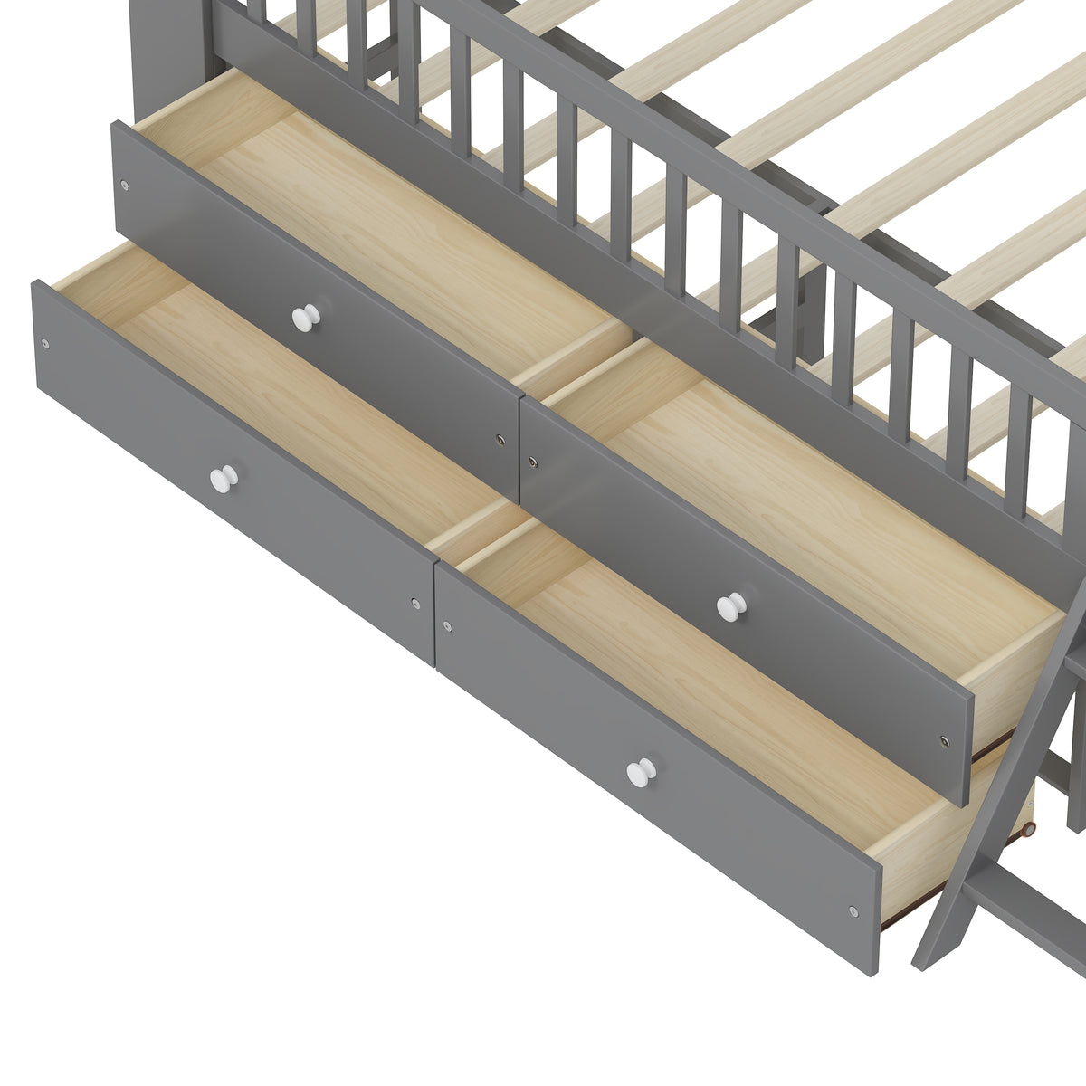variant-group:rf-n733s278032e|Roomfitters Twin Platform Bed Frame with Four Drawers, Wooden Kids Bed with Guardrail Headboard and Ladder, Gray