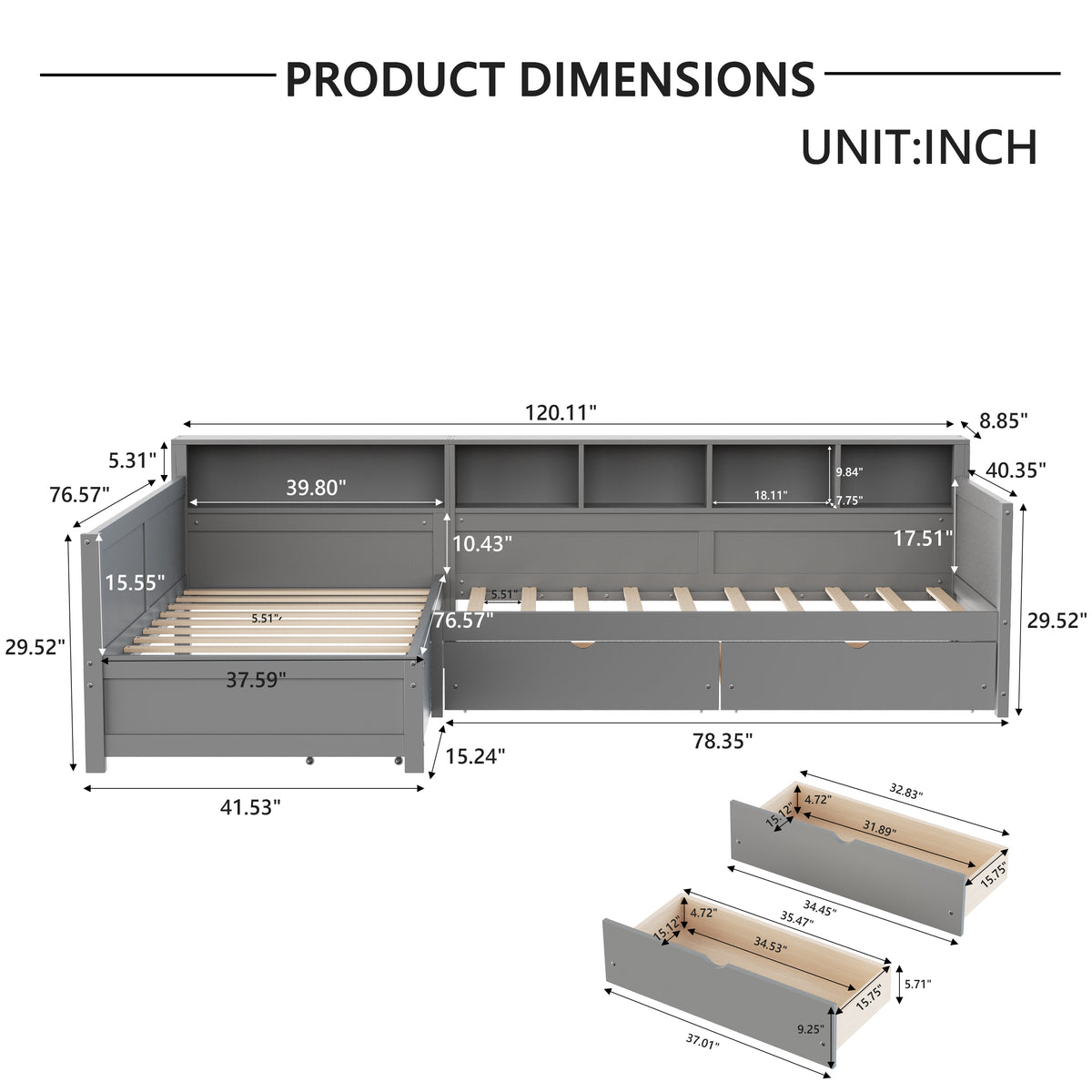variant-group:rf-n733s369272e|Roomfitters Twin L-Shaped Daybed for 2 with 3 Storage Drawers, Wooden Corner Bed Frame with Bookshelf for Bedroom, Gray