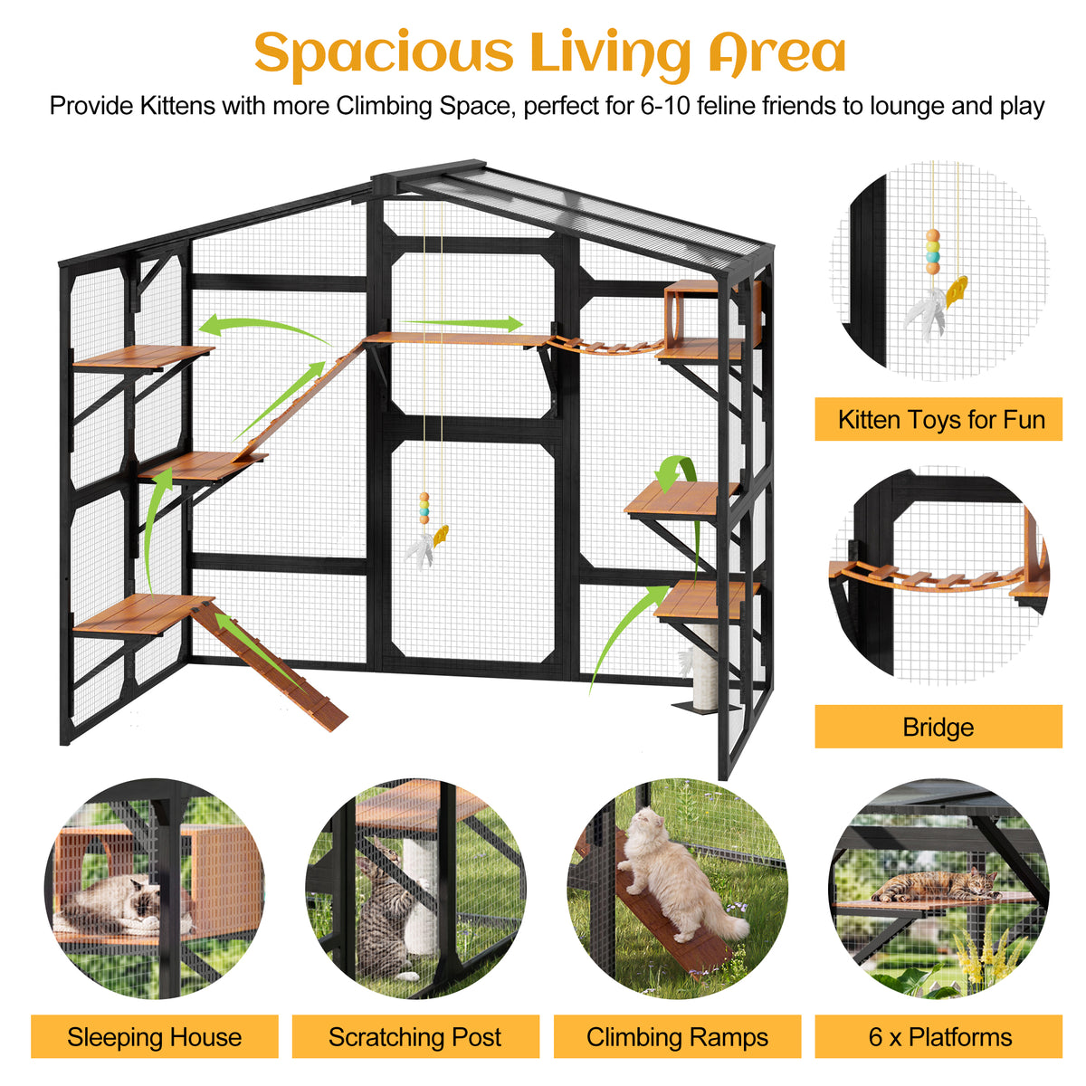 variant-group:rf-n704g201620b|Roomfitters Extra Large Wood Catio Cat Cage Outdoor Kennel with Transparent Sunroof and Dual Storage Shelves Black