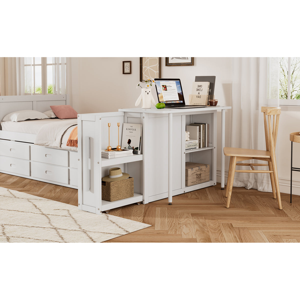 variant-group:rf-n733s212832k|Roomfitters Twin Size Multifunctional Wood Platform Bed with Desk and Storage Shelf, Built-in Trundle and Storage, White