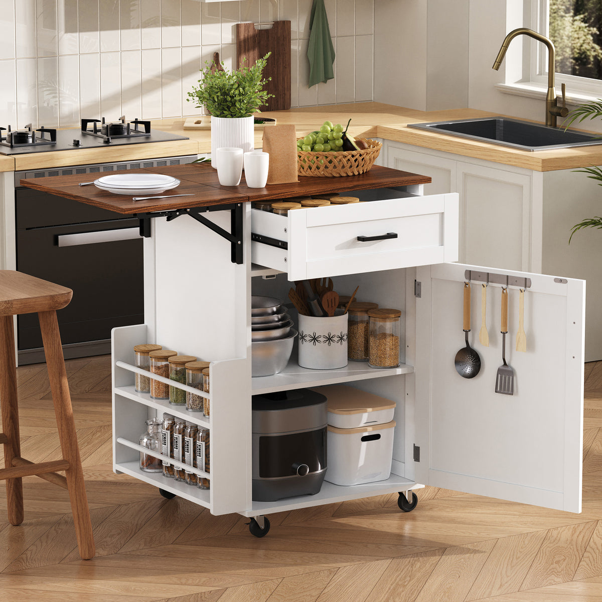 variant-group:rf-n707p404539w|Roomfitters 39.3" Kitchen Island with Drop Leaf, Rolling Kitchen Cart with Storage Drawer and Spice Rack, Modern Style, White