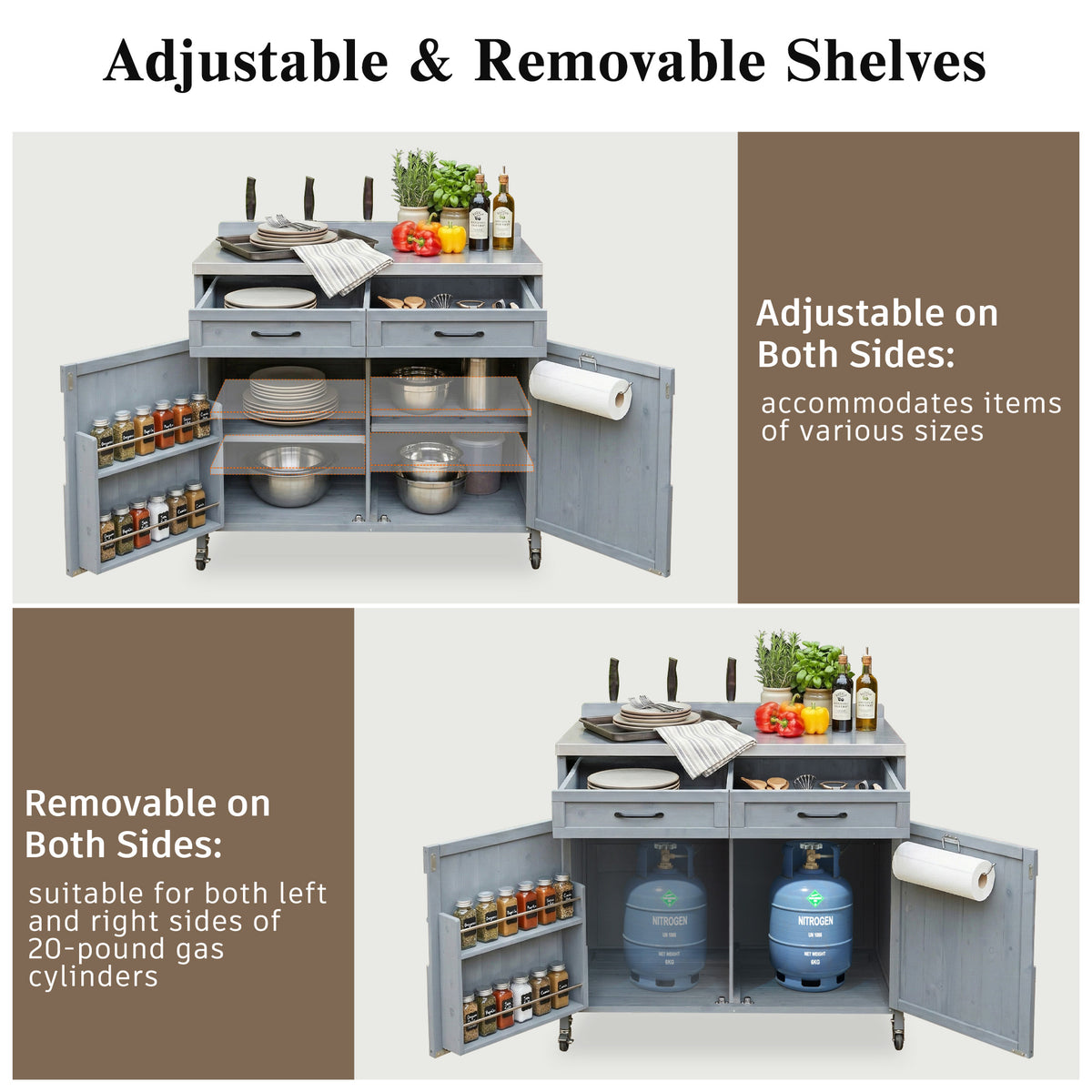 variant-group:rf-n707p370273g|Roomfitters 39.4" Grill Cart, Outdoor Kitchen Island with Stainless Steel Top, BBQ Prep Station with Storage Cabinet, Grey+Blue