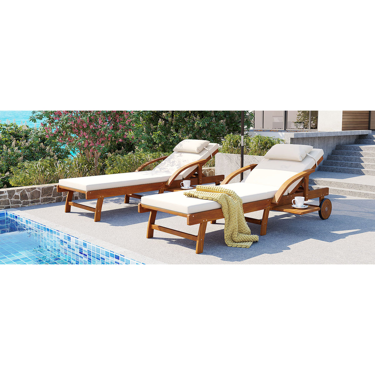 variant-group:rf-n711wy000482aaa|Roomfitters 77.5-Inch Adjustable Acacia Wood Outdoor Lounge Chairs, Set of 2 Reclining Chaise Loungers, Beige Cushions
