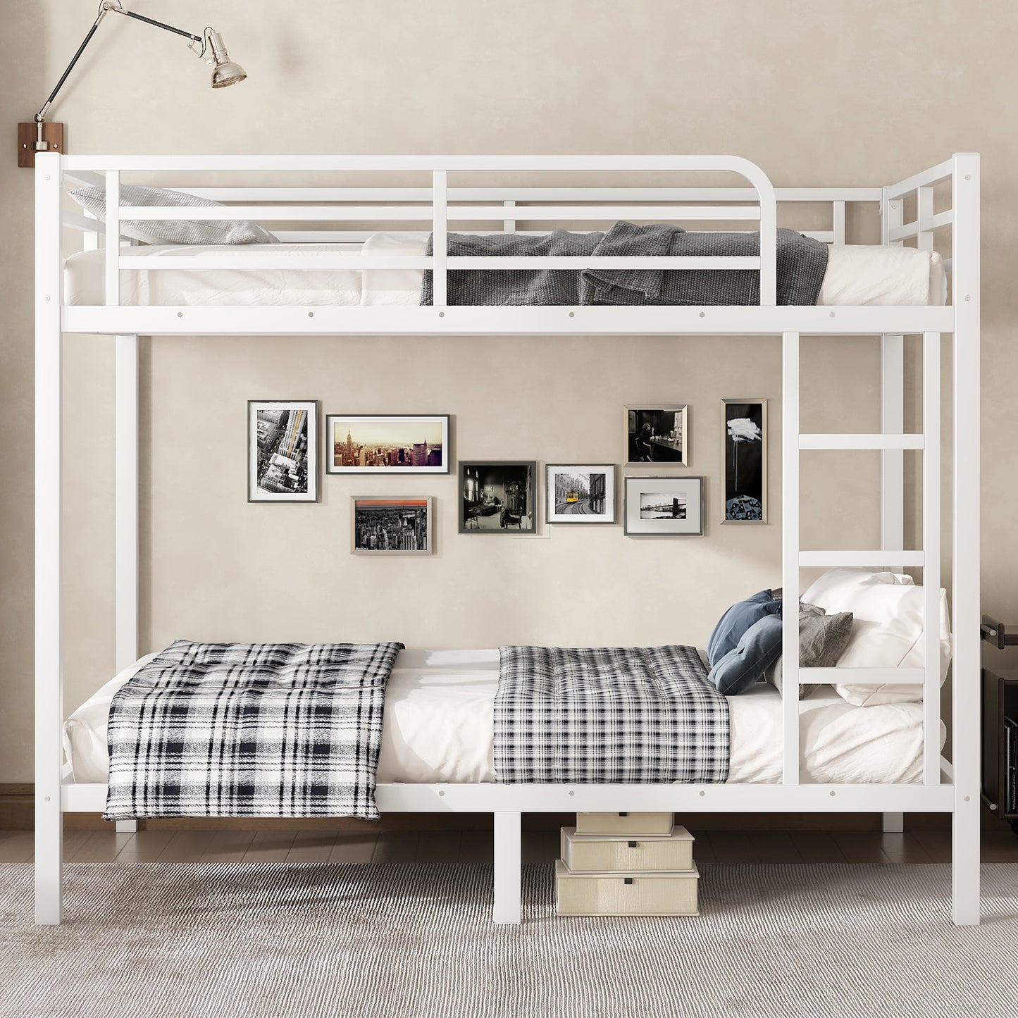 variant-group:rf-w1580p329015|Roomfitters Metal Full Over Full Bunk Bed Frame with Ladder & Safety Rail, Durable Space-Saving Design, White