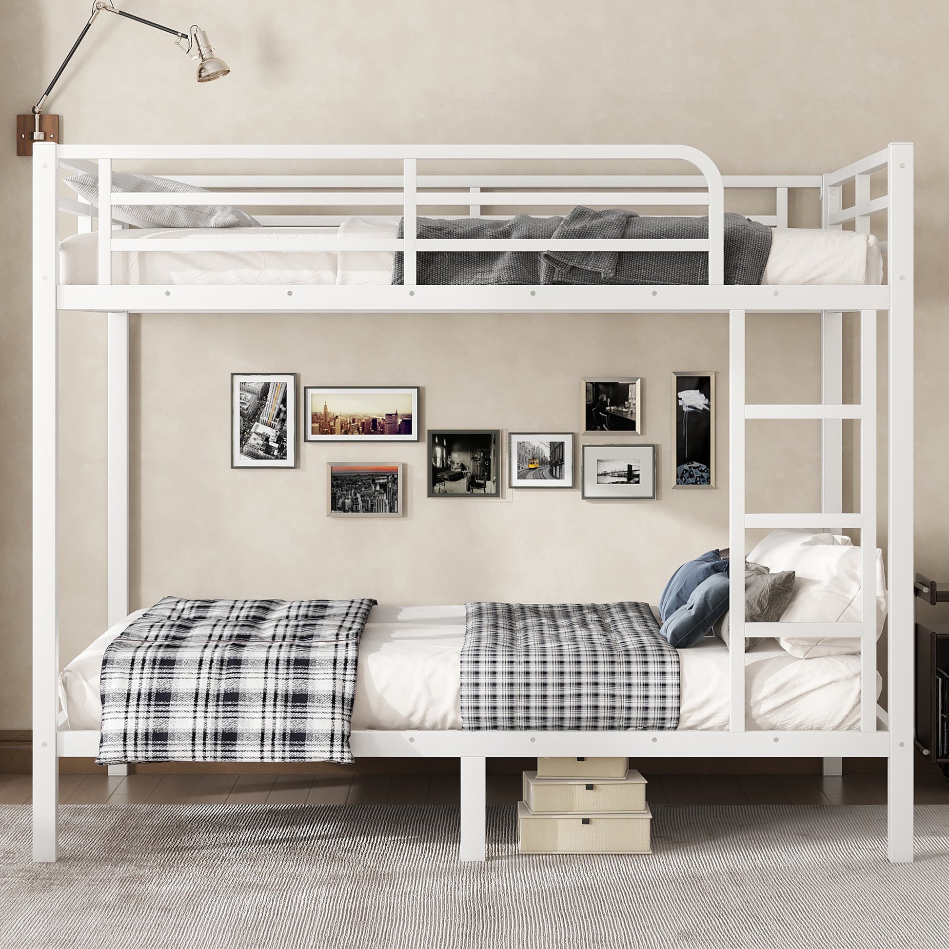 variant-group:rf-w1580p329015|Roomfitters Metal Full Over Full Bunk Bed Frame with Ladder & Safety Rail, Durable Space-Saving Design, White