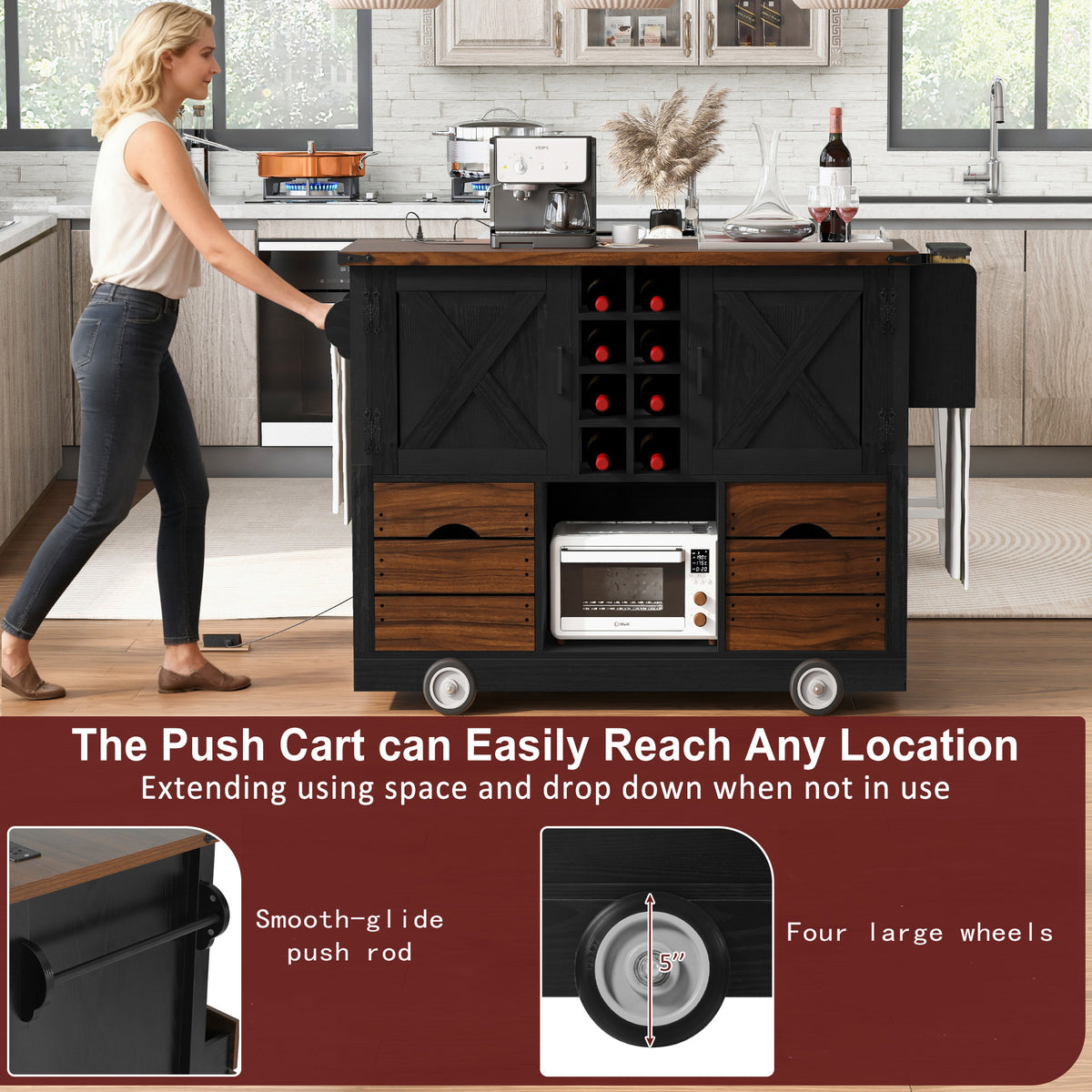 variant-group:rf-n707p349814b|Roomfitters 54" Farmhouse Kitchen Island with Drop Leaf, Power Outlet, Wine Rack, 2 Drawers, 2 Doors, Black