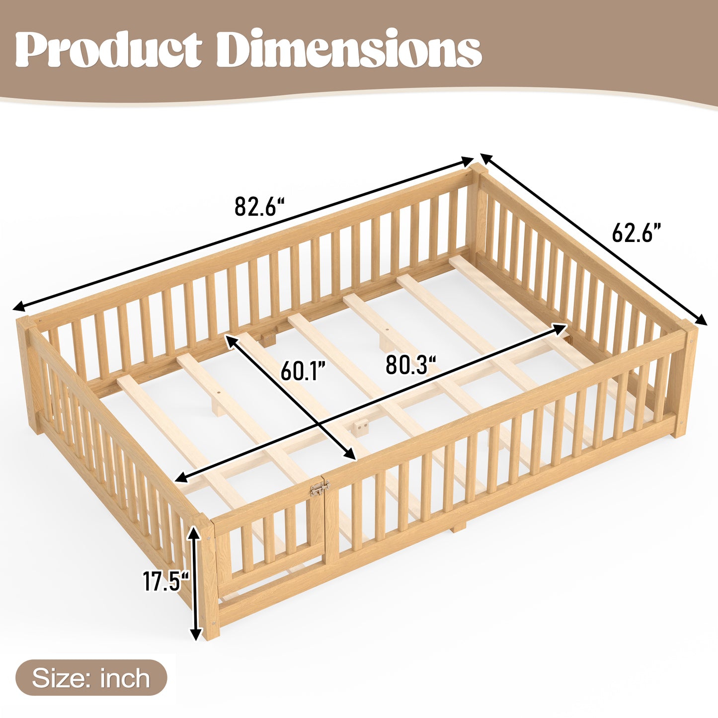variant-group:rf-w1580p462325|Roomfitters Queen Size Wooden Floor Bed Frame with Safety Guardrails Door, Solid Wood Low Profile Toddler Play Bed, Natural