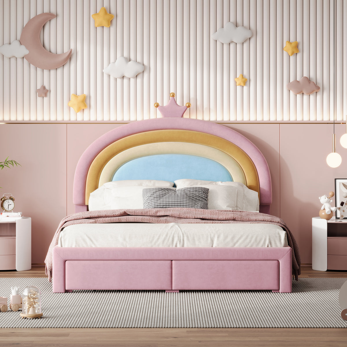 variant-group:rf-n733p234609h|Roomfitters Full Size Upholstered Rainbow Design Bed, Velvet Princess Platform Bed with Storage Drawer, No Box-spring Needed, Colorful & Pink