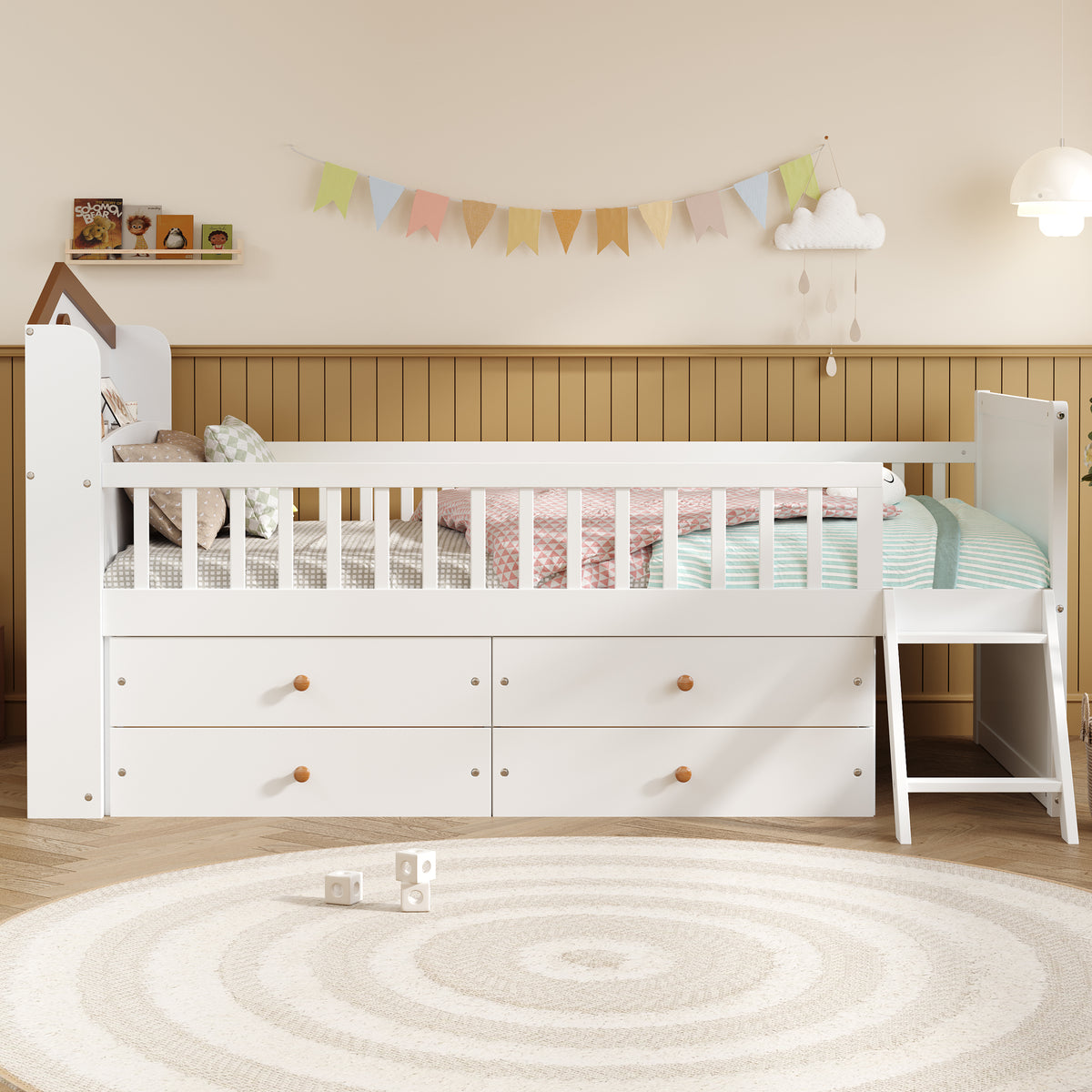 variant-group:rf-n733s278032k|Roomfitters Twin Platform Bed Frame with Four Drawers, Wooden Kids Bed with Guardrail Headboard and Ladder, White