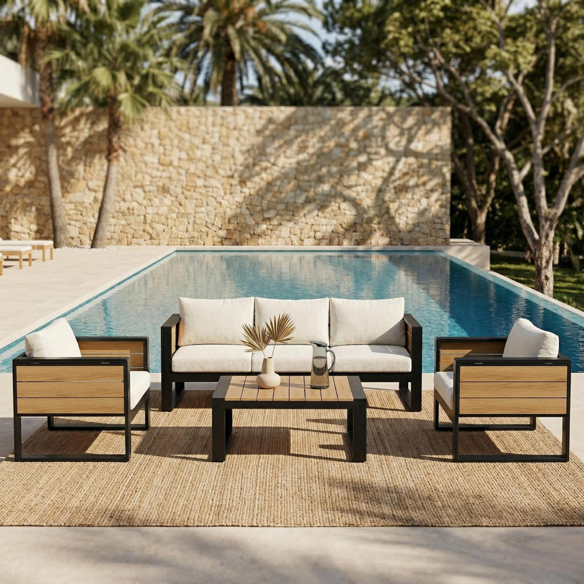 variant-group:rf-n704g201257a|Roomfitters 4-Piece Aluminum Patio Conversation Set with Four Fold-Out Side Trays and Slatted Coffee Table Beige