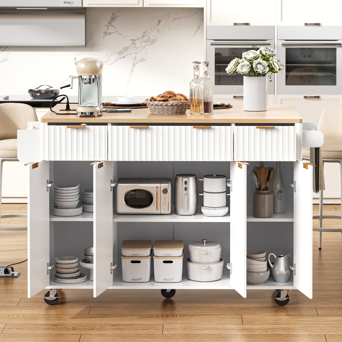 Roomfitters 55.5" Kitchen Island with Power Outlet and Drop Leaf, Rolling Storage Cabinet with Fluted Door Design, White