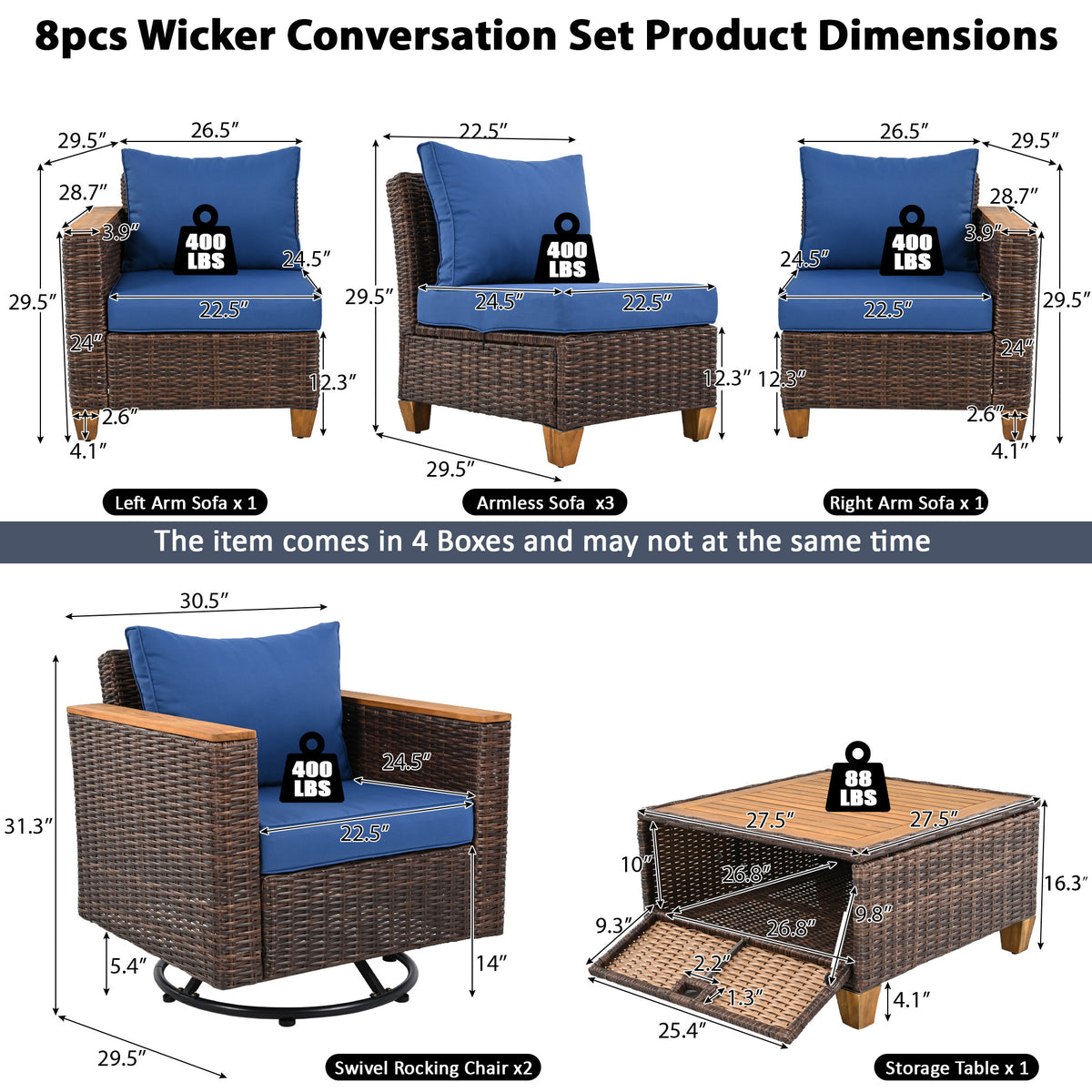 variant-group:rf-n707s005016e|Roomfitters 8-Piece Patio Furniture Set with 360 Swivel Rocker Chairs, Modular Outdoor Sectional Sofa & Table, Blue+Brown