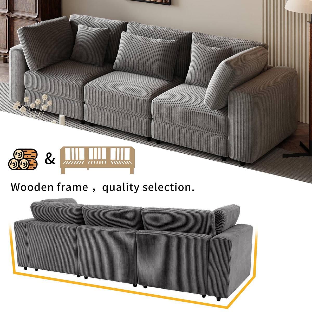 variant-group:rf-n711wy000403aae|Roomfitters 105" 3-Seater Sofa with Removable Back Cushions and 5 Pillows, Comfortable Couch for Living Room, Gray