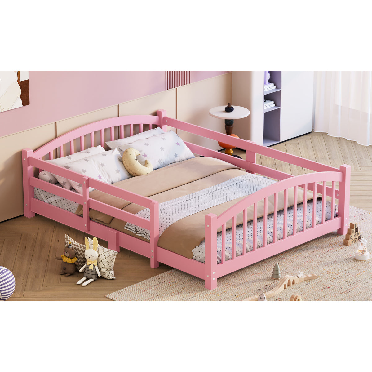 variant-group:rf-n733p400299h|Roomfitters Full Montessori Floor Bed with Guardrails, Solid Wood Low Platform Bed with Slats, Easy Assembly, Pink