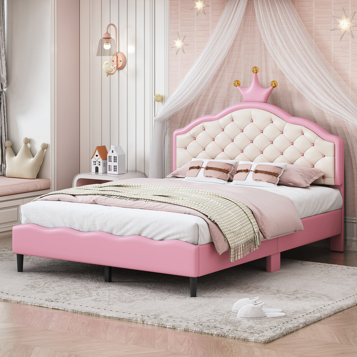variant-group:rf-n733p198762h|Roomfitters Full Size Upholstered Princess Bed with Crown Design, Elegant PU Leather Platform Bed with Tufted Headboard for a Stylish Bedroom, Pink + Cream