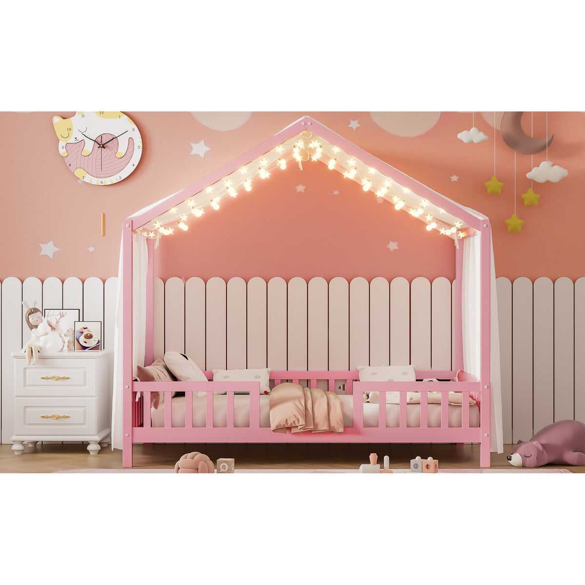 variant-group:rf-n733p356043h|Roomfitters Twin Montessori Floor Bed with Canopy, House Shape Wood Frame with Safety Rails, Youth Platform Bed, Pink