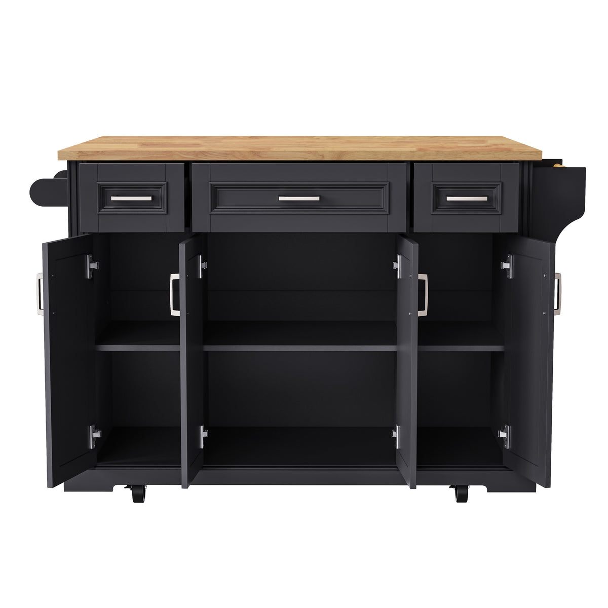 variant-group:rf-n707s195395b|Roomfitters 54" Kitchen Island with Wood Top, Rolling Storage Cabinet with 3 Drawers and 3 Doors, Spice Rack, Black