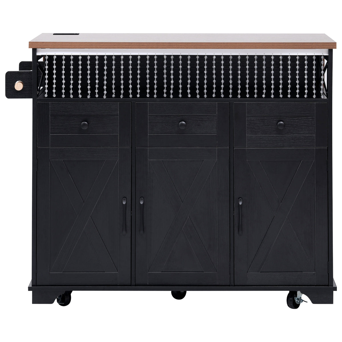 variant-group:rf-n707p254872b|Roomfitters 46.5" Rolling Kitchen Island with Drop Leaf, Mobile Cart with 2 AC Outlets & USB, Beaded Drape & 3 Drawers, Black