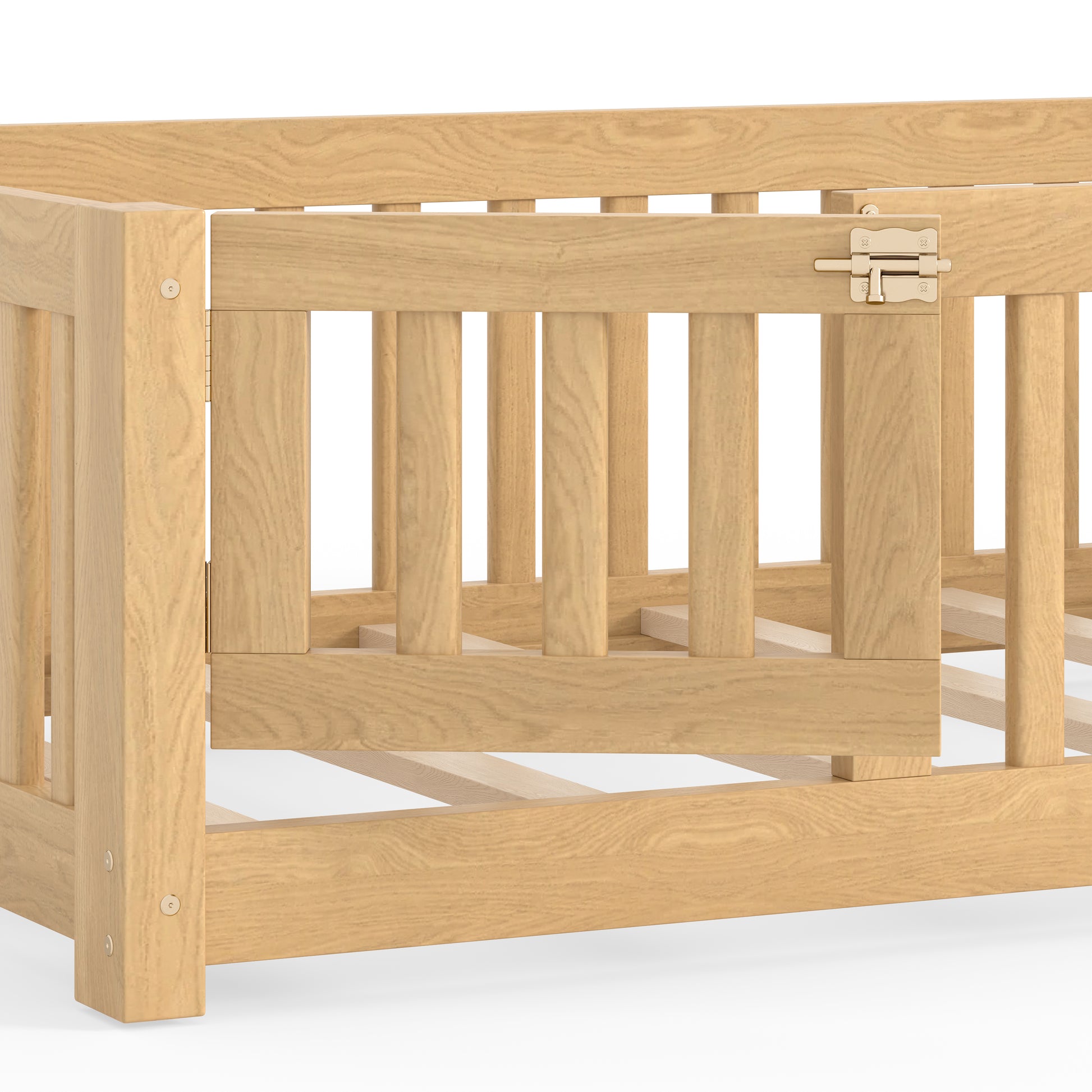 variant-group:rf-w1580p462314|Roomfitters Twin Size Wooden Floor Bed Frame with Safety Guardrails Door, Solid Wood Low Profile Toddler Play Bed, Natural