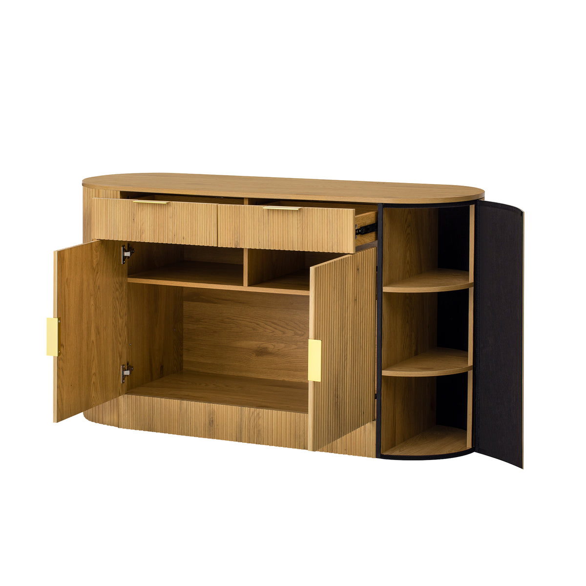 variant-group:rf-n711p345168o|Roomfitters 55.1" Oval Sideboard Buffet Cabinet with 2 Drawers & Wine Rack, Mid-century Modern Fluted Accent for Dining, Natural