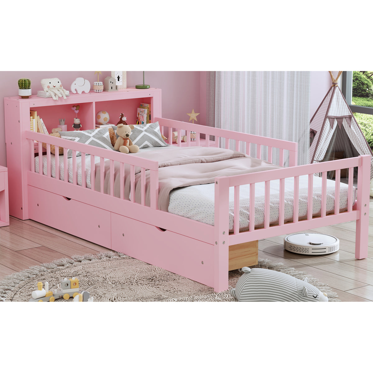 variant-group:rf-n733p272374h|Roomfitters Twin Bed with Headboard Storage Rack, Under-Bed Storage and Three-Side Guardrails, Pink