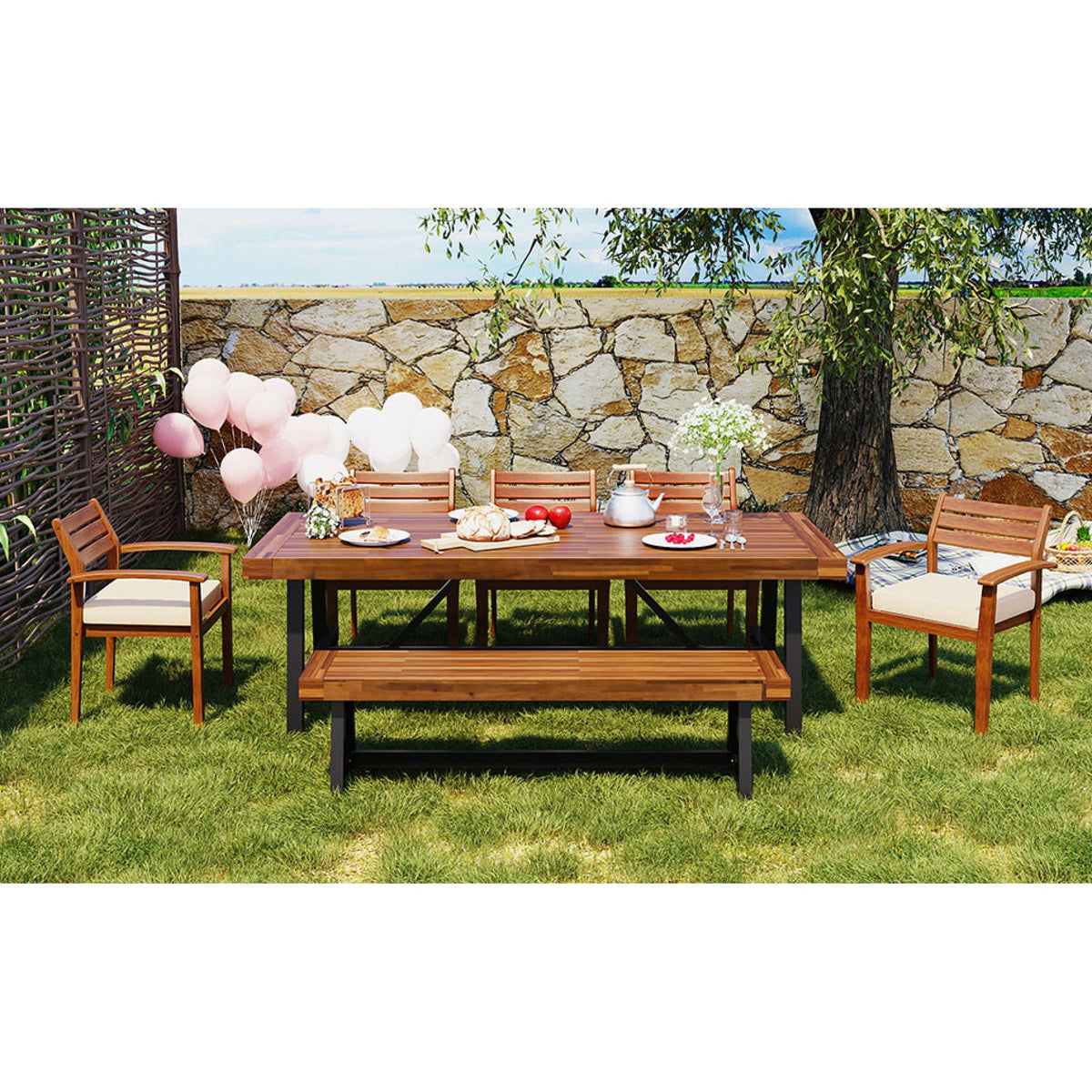Roomfitters Outdoor Wood Dining Set for 7-8 Person, Outdoor Dining Furniture with Removable Cushions, Ergonomic Chairs and Bench, Thicker Table, Wood Tone Roomfitters