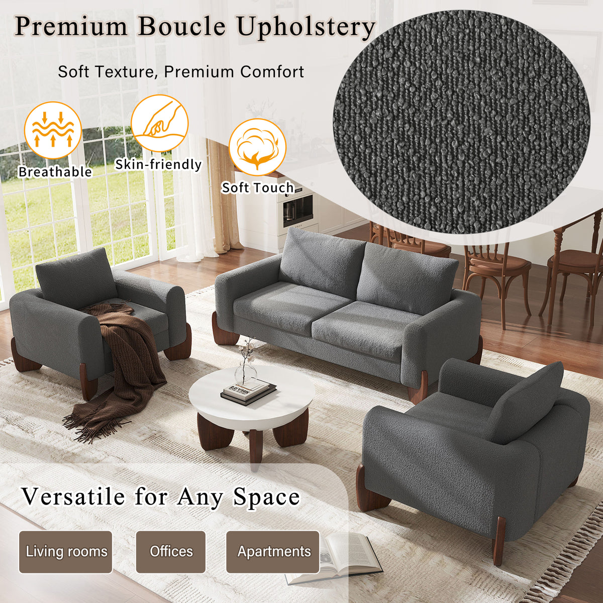 variant-group:rf-n711wy000479aae|Roomfitters Modern 3-Piece Living Room Sofa Set, Bouclé Fabric Loveseat and 2 Armchairs Pack, Grey Pinewood Lounge