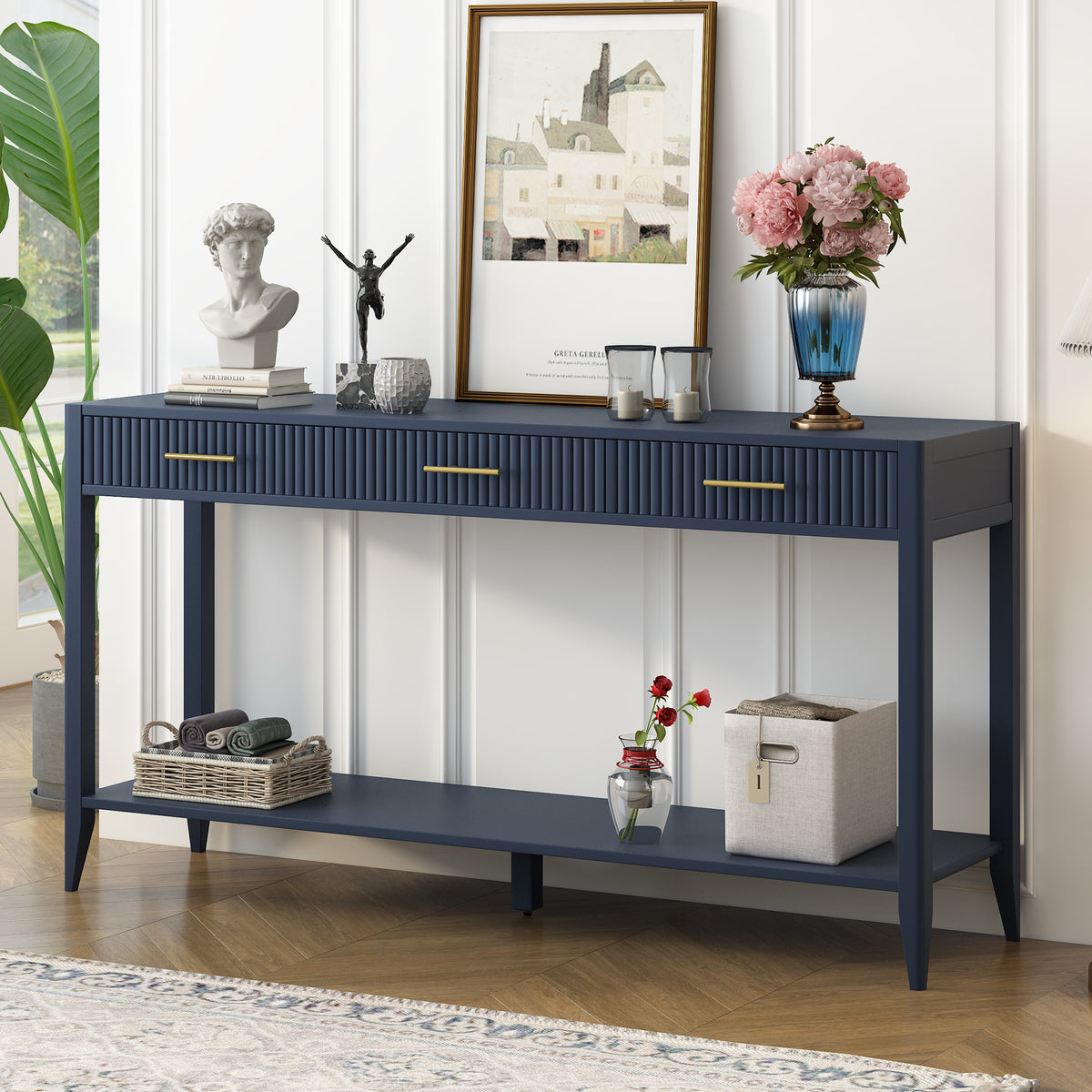 variant-group:rf-n711p190531v|Roomfitters Entryway Console Table with Vertical Stripe Pattern and Long Legs, Storage for Hallway, Navy Blue