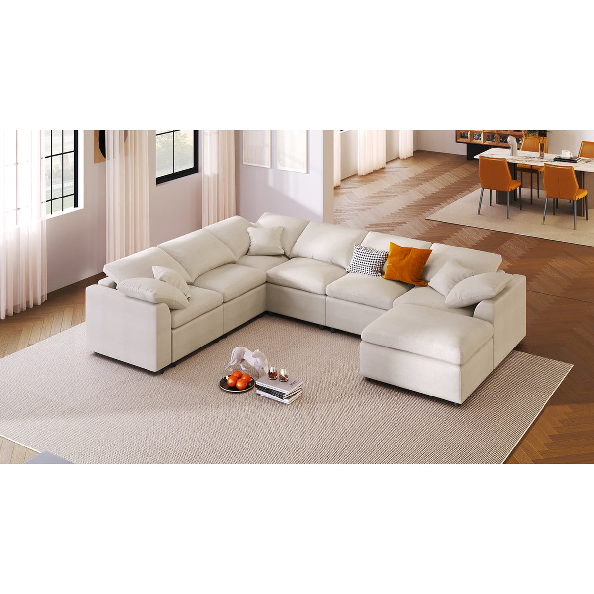 variant-group:rf-n711wy000453aaa|Roomfitters 7-Seater Modular Sectional Sofa with Ottoman, Extra Large L-Shape Chenille Upholstered Couch, Beige