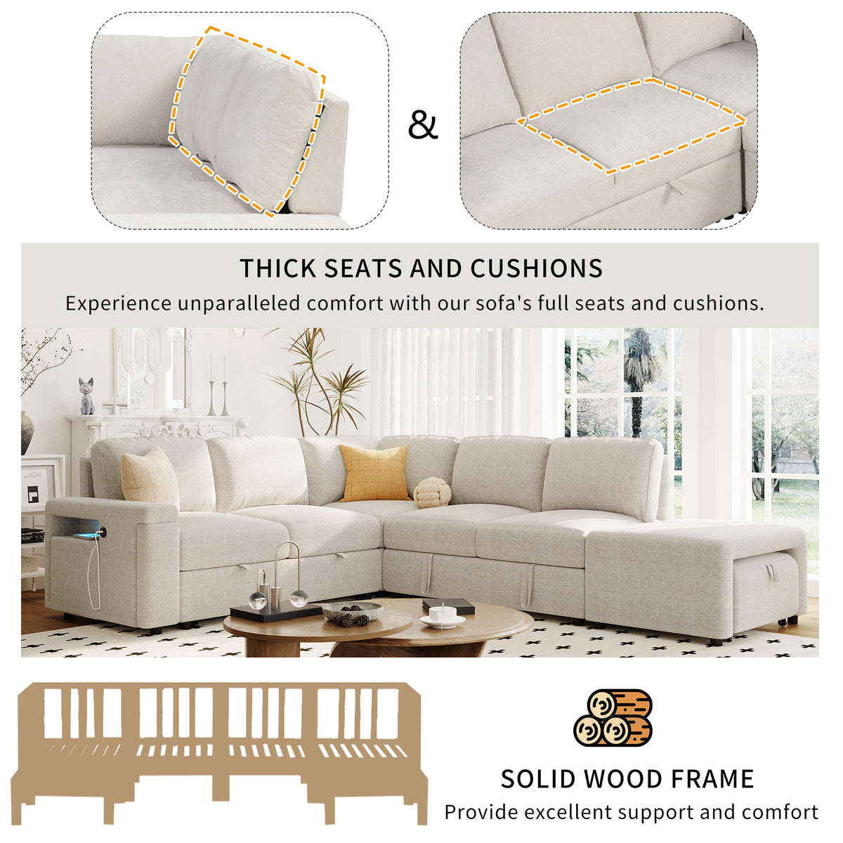 variant-group:rf-n711wy000390aaa|Roomfitters L-Shaped Padded Modular Sofa with Storage Space, USB Ports, and Cup Holders on the Armrests, Suitable for Living Rooms, Offices, and Apartments, Beige