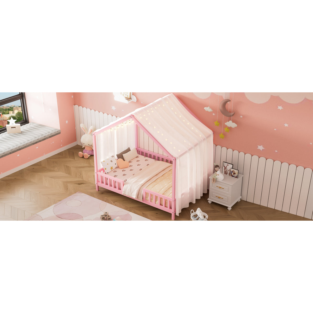 variant-group:rf-n733p356048h|Roomfitters Full Montessori Floor Bed with Canopy, House Shape Wood Frame with Safety Rails, Platform Bed, Pink
