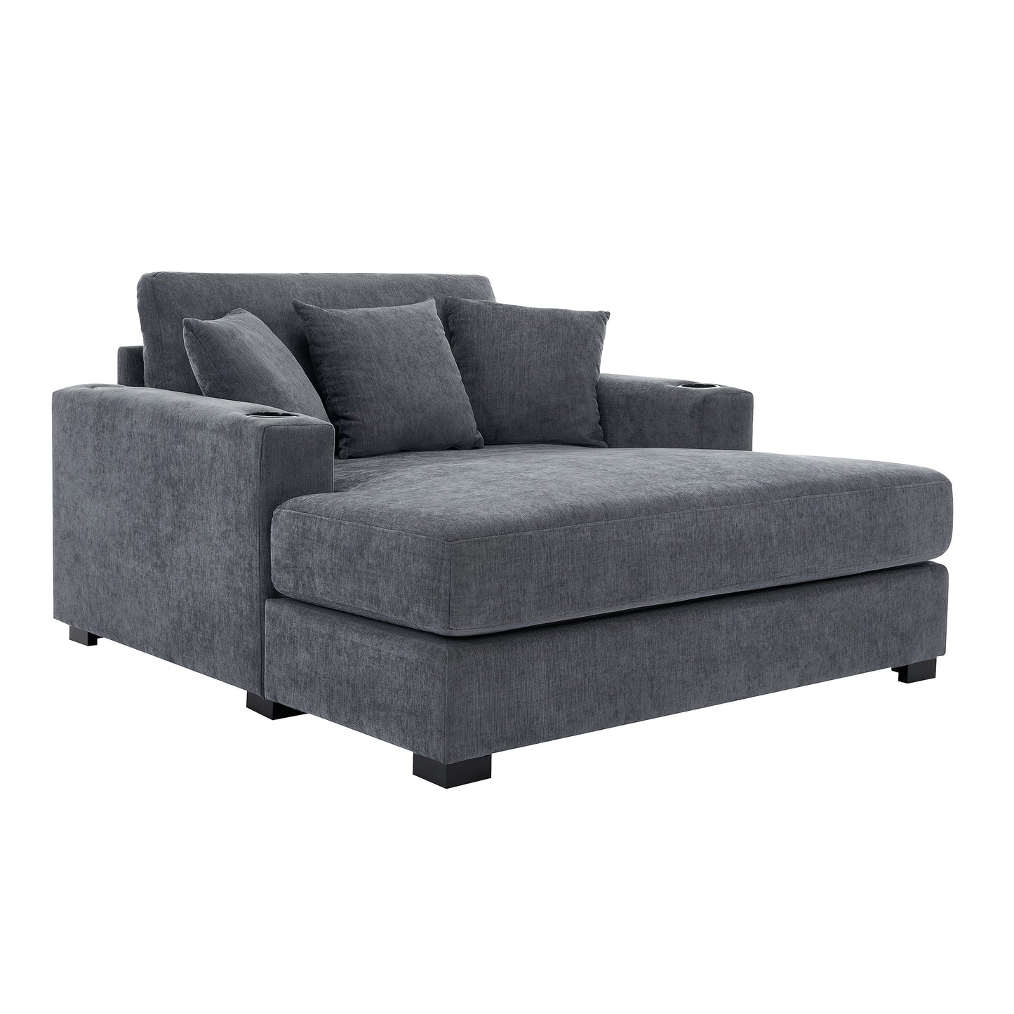 Roomfitters Oversized Chaise Lounger Sofa Couch, Upholstered Accent Chair Charge Station Cup Holders, Blue Gray