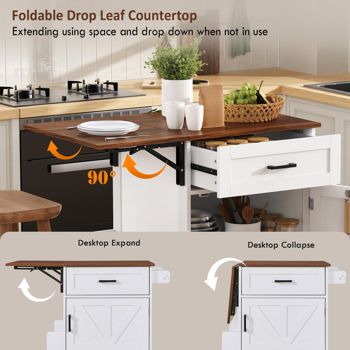 variant-group:rf-n707p404539w|Roomfitters 39.3" Kitchen Island with Drop Leaf, Rolling Kitchen Cart with Storage Drawer and Spice Rack, Modern Style, White