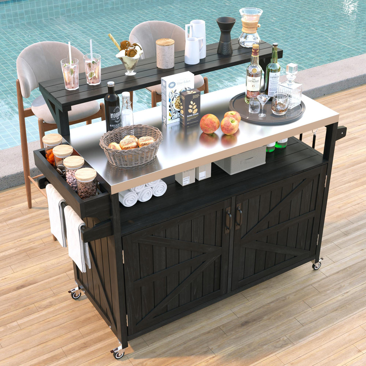 Roomfitters 56.5" Grill Cart, Outdoor Kitchen Island with Stainless Steel Top and Storage Cabinet, BBQ Prep Station, Black