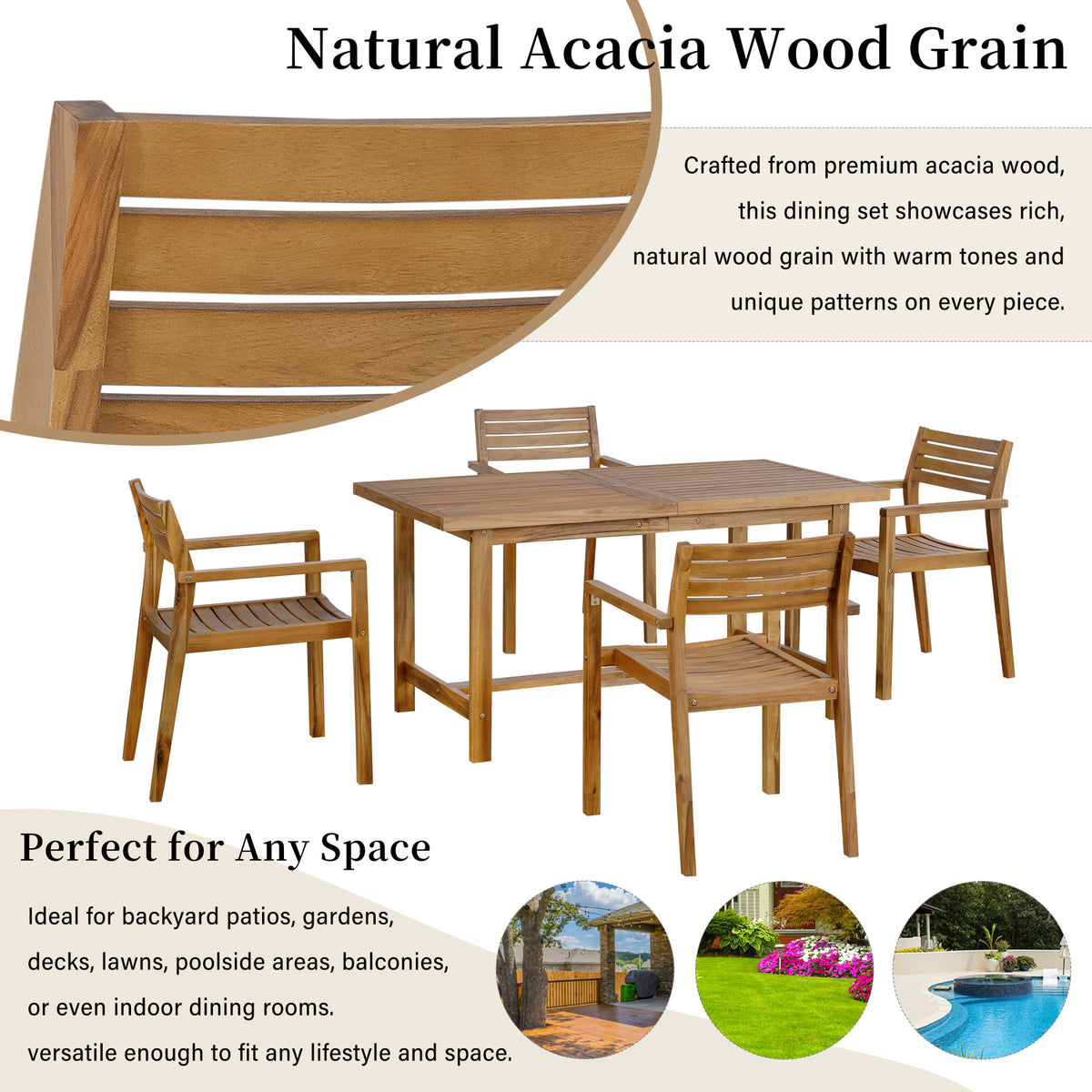 variant-group:rf-n711wy000477aao|Roomfitters Farmhouse 5-Piece Outdoor Dining Set for 4, 59-Inch Rectangular Table, Umbrella Hole, Natural Wood Patio