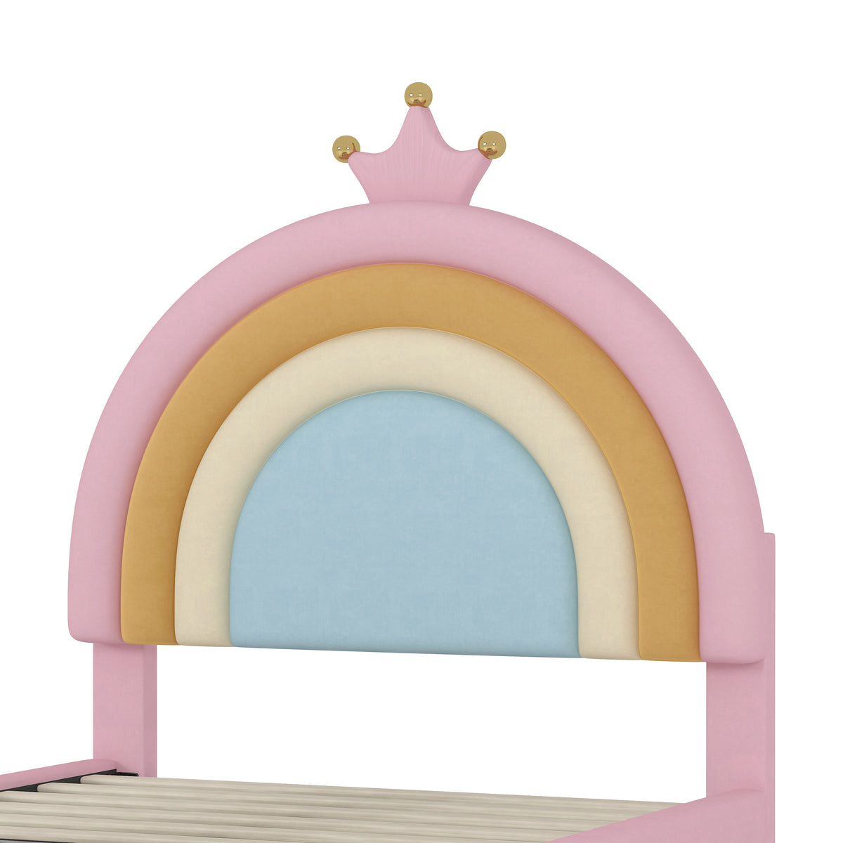 variant-group:rf-n733p234606h|Roomfitters Twin Size Upholstered Rainbow Design Bed, Velvet Princess Platform Bed with Storage Drawer, No Box-spring Needed, Colorful & Pink
