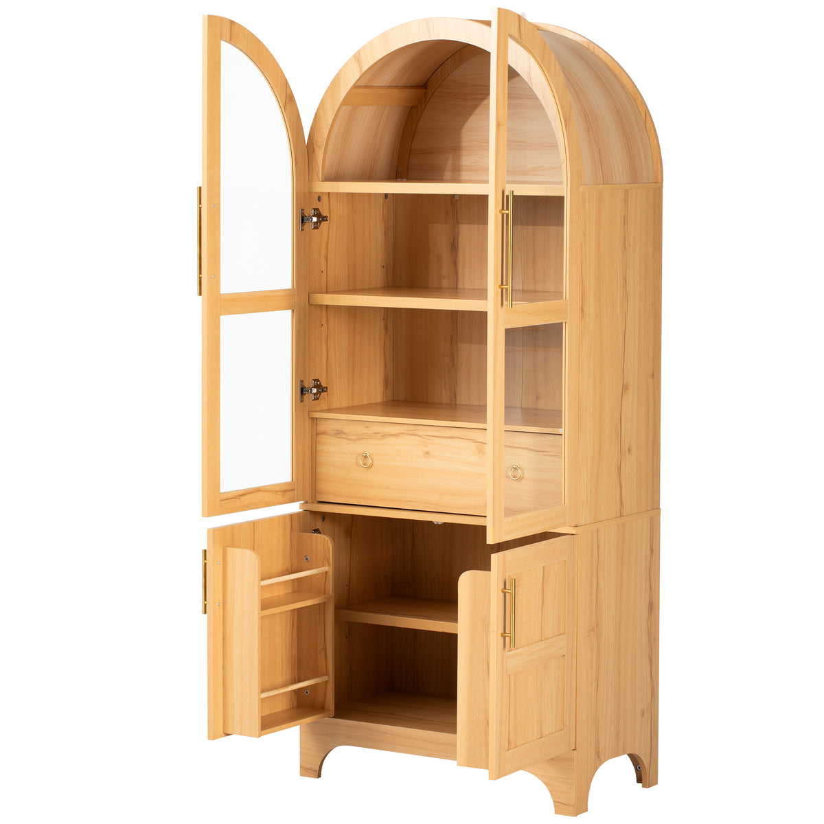 variant-group:rf-n707s288969y|Roomfitters 71" Pantry Cabinet with Arched Top & Glass Doors, 4-Door Storage Hutch with Adjustable Shelves for Kitchen, Natural