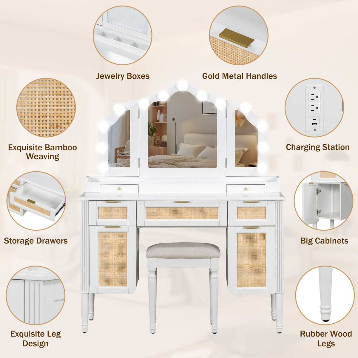 Roomfitters 44.37" Makeup Vanity with Lighted Tri-fold Mirror, French Vintage Rattan Dressing Table, Drawers and Stool, White Roomfitters