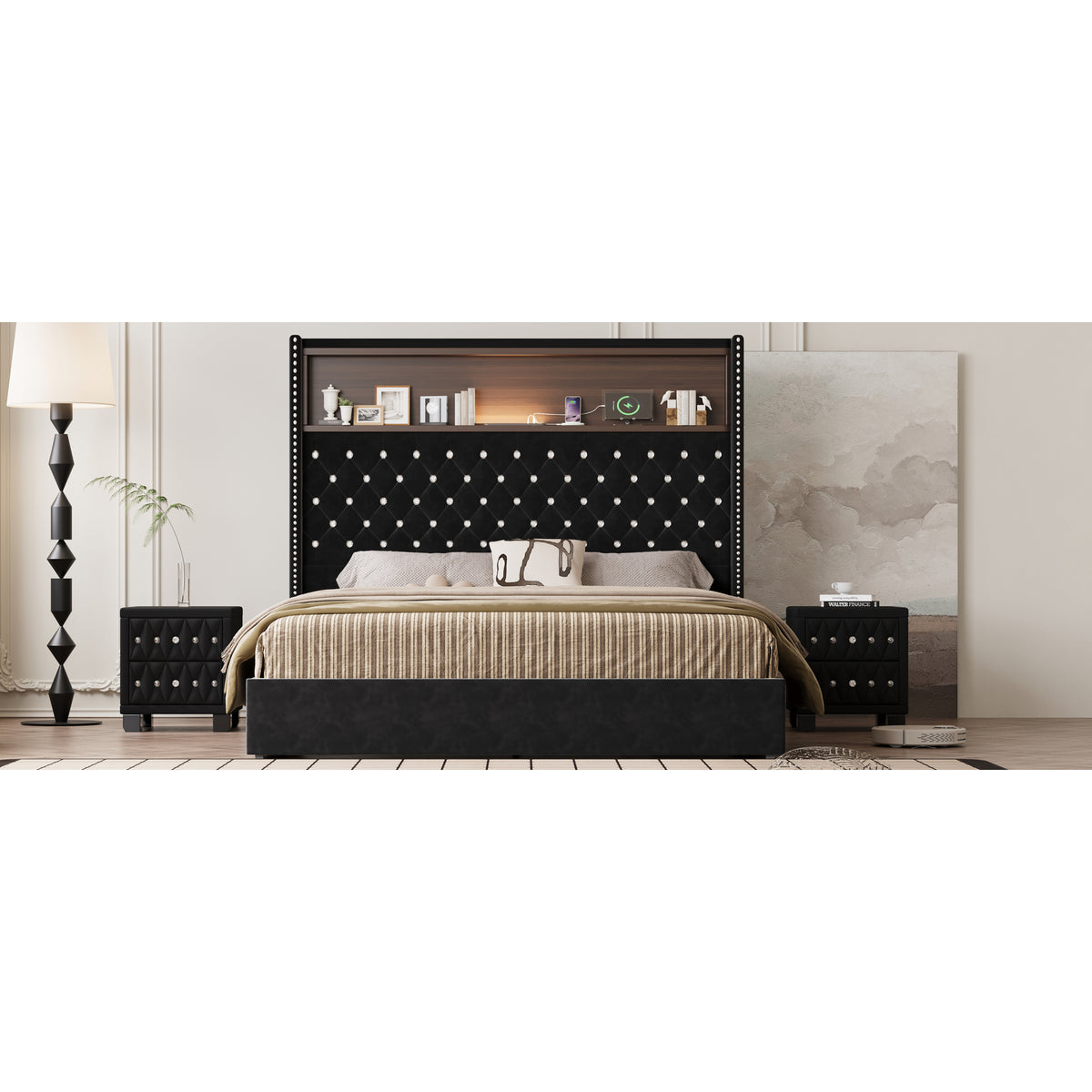 variant-group:rf-n733p367135b|Roomfitters Queen Velvet Tufted Platform Bed with Charging Ports, Tall Wingback Headboard with Rivet Trim and Shelf, Black