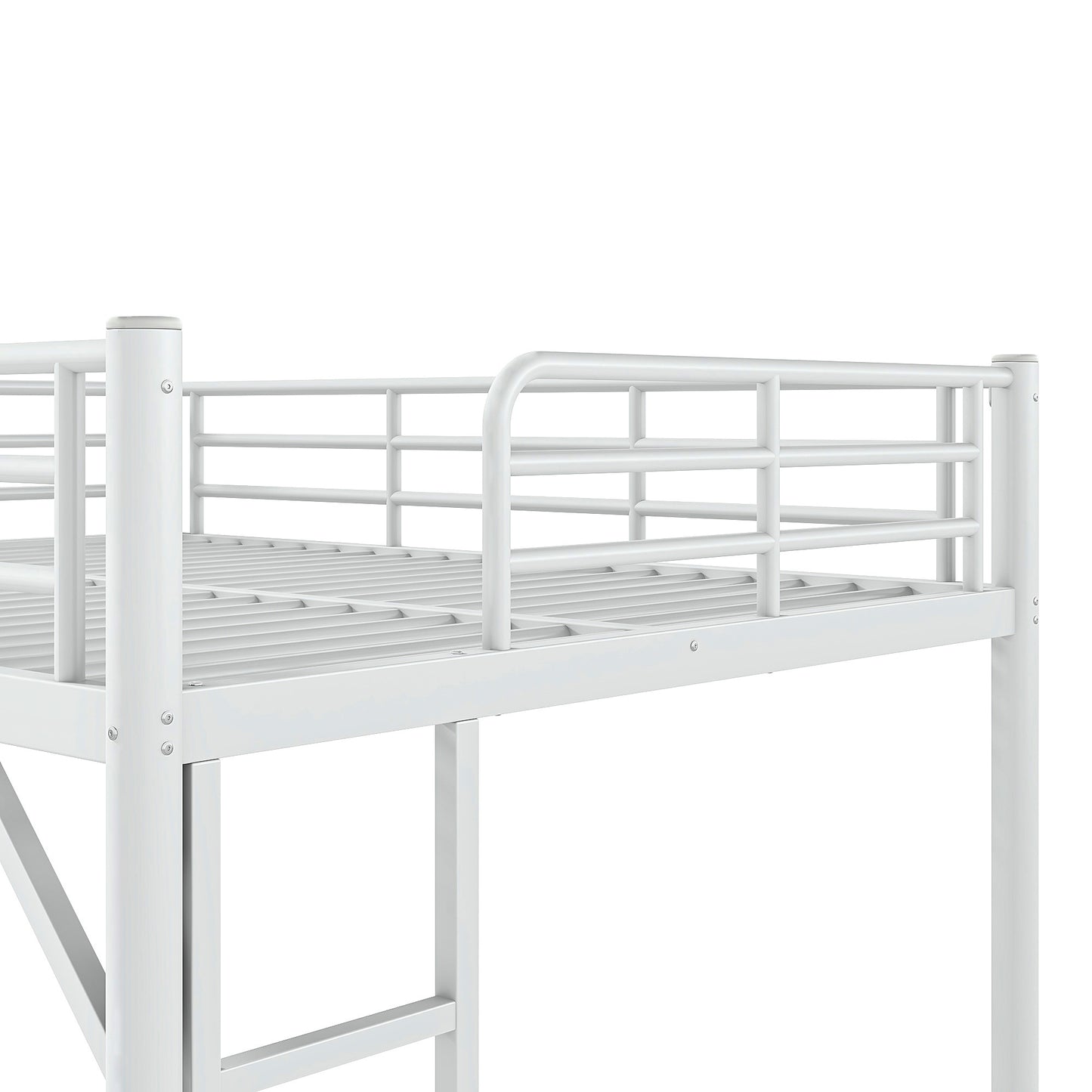 variant-group:rf-w1580p455016|Roomfitters Full Size Metal Loft Bed Frame with Guardrails, Heavy Duty Space Saving High Loft Bed Dual Ladders, White
