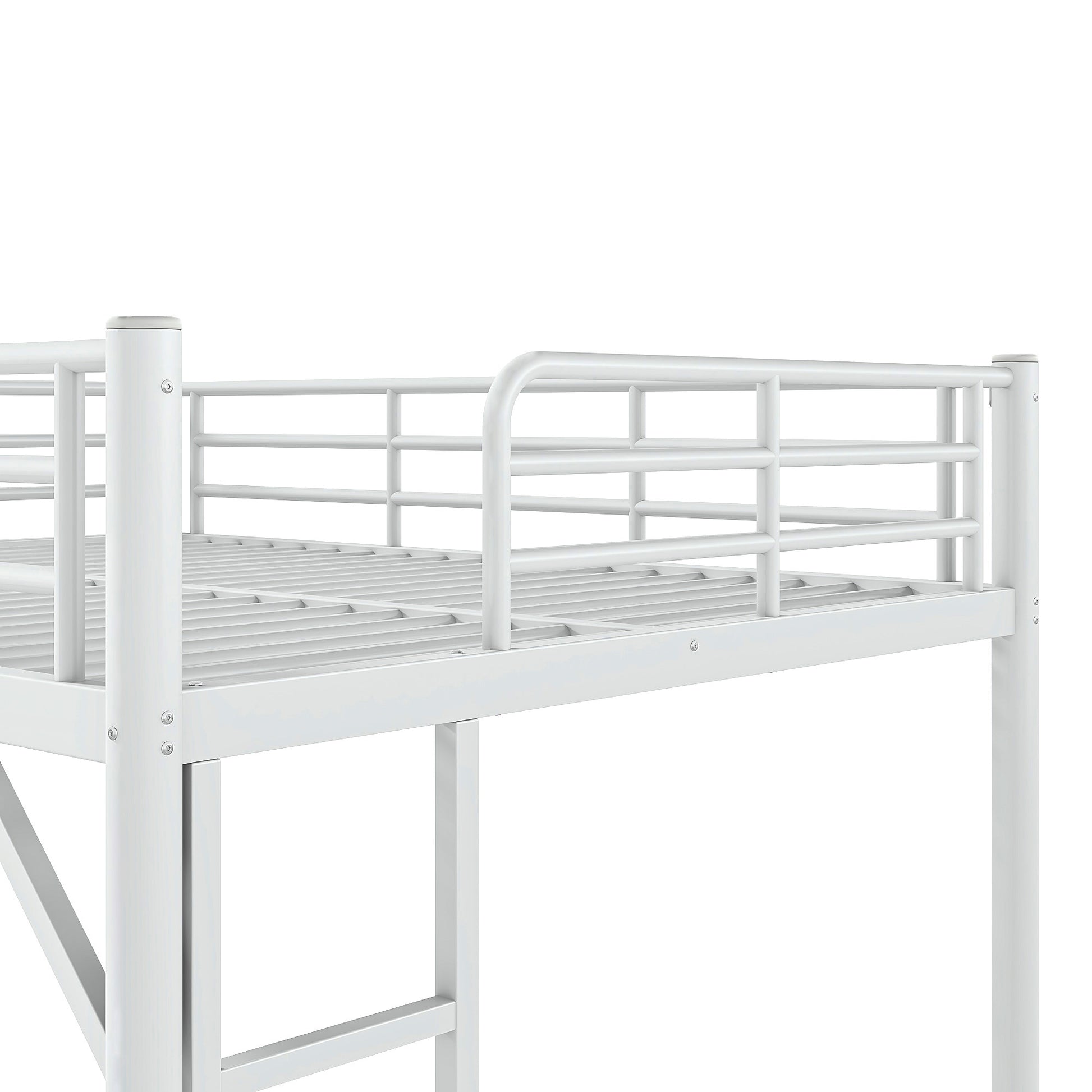 variant-group:rf-w1580p455016|Roomfitters Full Size Metal Loft Bed Frame with Guardrails, Heavy Duty Space Saving High Loft Bed Dual Ladders, White