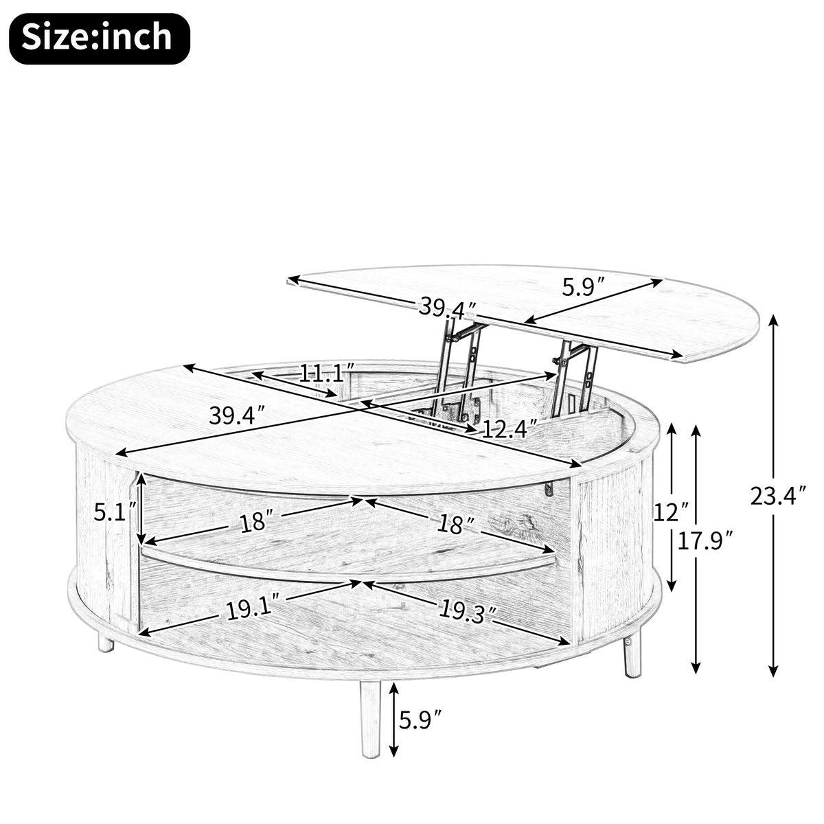 variant-group:rf-n724p416053m|Roomfitters Minimalist Round Lift-Top Coffee Table with Side Sliding Door, Antique Brown
