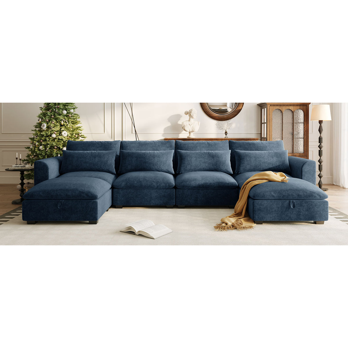 variant-group:rf-n711wy000491aac|Roomfitters 131.3-Inch Modern U-Shaped Sectional Sofa, 6-Seater Linen Blend Couch, 2 Storage Ottomans, Pit Lounge, Dark Blue