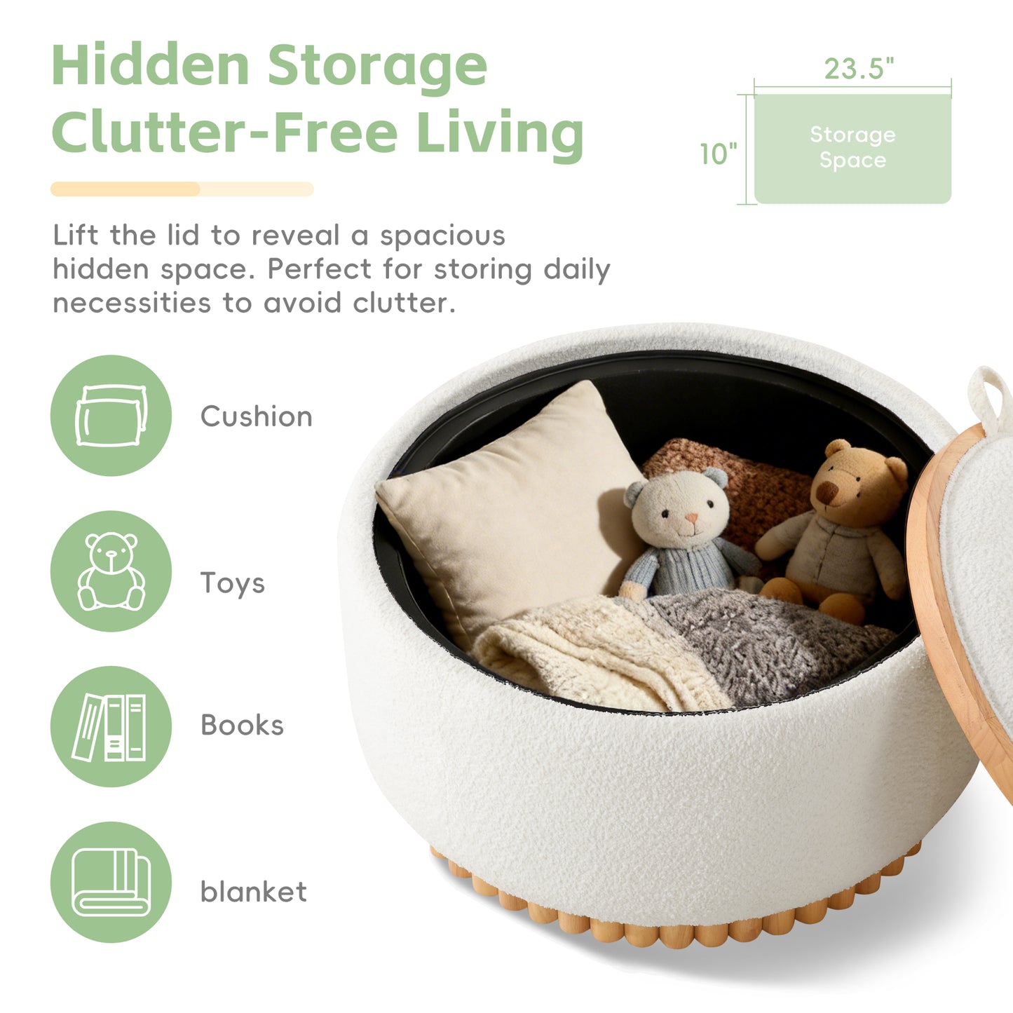 variant-group:rf-n723p405304a|Roomfitters 29 Inch Round Storage Ottoman with Reversible Wooden Tray Top, Upholstered Coffee Table for Living Room, Beige