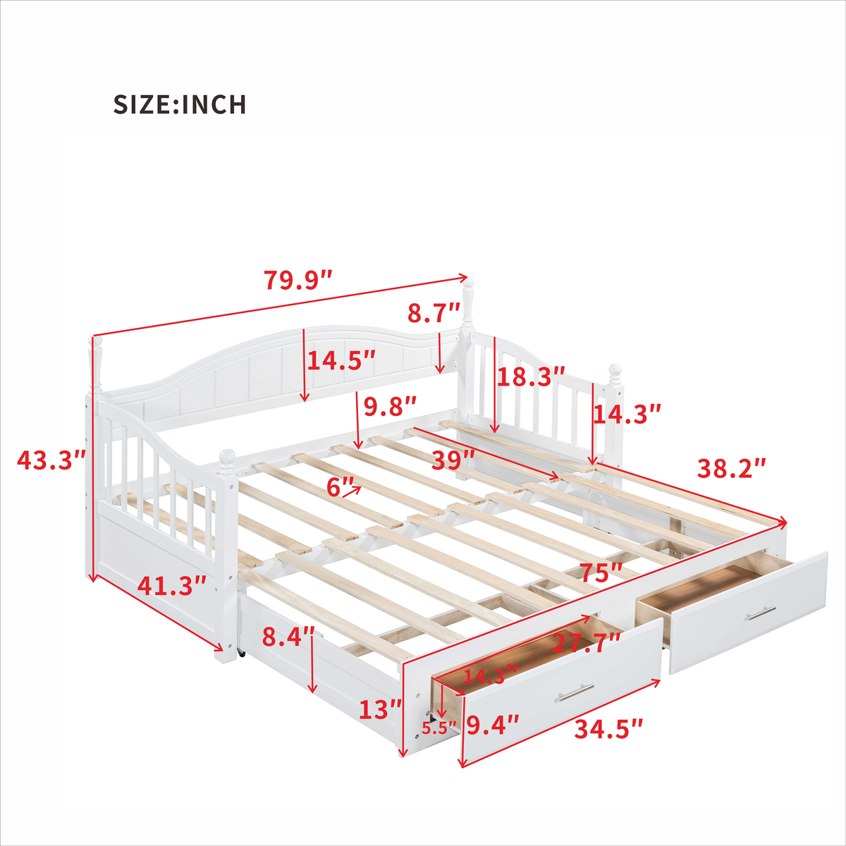variant-group:rf-n733s173459k|Roomfitters Wooden Twin Size Daybed with Extendable Frame, Twin Trundle and Additional Storage Drawers, White