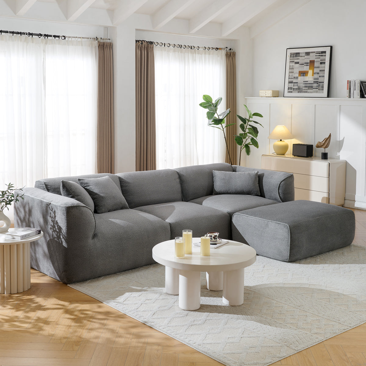 variant-group:rf-n711wy000464aae|Roomfitters Double-needle Cut Velvet Sofa, 4-Seater Modern Modular Sectional Couch with Movable Ottoman for Living Room, Gray